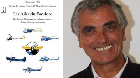 Deux images côte à côte : la couverture d'un ouvrage représentant sur fond blanc des avions et des hélicoptères, et le visage souriant de Roger Drouin, l'auteur du livre