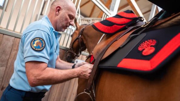 Un gendarme avec l'écusson de la Garde républicaine, en train d'ajuster la selle au tapis noir et rouge de son cheval