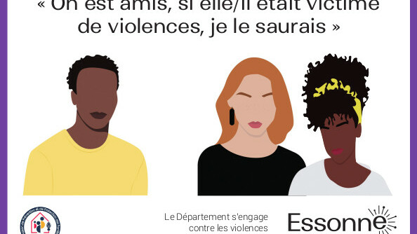 Carte de prévention contre les violences conjugales entre adolescents avec un dessin au centre d'un homme à gauche et de deux femmes à droite et le slogan au dessus "On est amis, si elle/il était victime de violences, je le saurais".