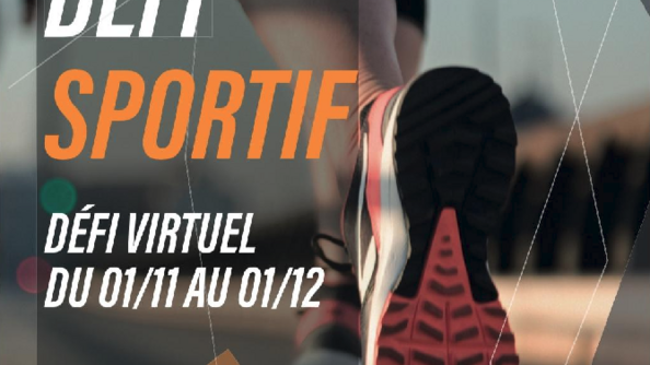 Affiche avec vue sur la semelle d'une basket orange noire et blanche et les mollets d'une personne courant, et le texte "DÉFI SPORTIF - DEFI VIRTUEL DU 01/11 au 01/12 #AVECNOSPHENIX"