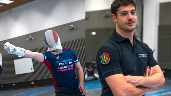 A gauche, le sportif de haut-niveau Maxime Pauty arborant un t-shirt bleu siglé "armée de champions", casque d'escrime tricolore sur la tête et brandissant son fleuret de la main droite; à gauche, portrait en buste de Maxime, bras croisé, aec un polo bleu marine des sportifs de haut-niveau de la défense