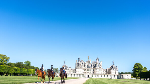 3 cheveaux du Poste à cheval de Chambord devant le château