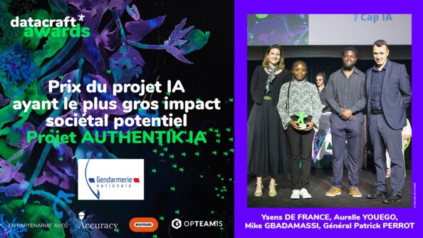 A gauche de l'image, l'intitulé de la récompense "Prix du projet I.A. ayant le plus gros impact sociétal potentiel - projet Authentik I.A.", et le logo de la gendarmerie. A droite, Ysens de France, Aurelle Youego, Mike Gbadamassi et le général Patrick Perrot.