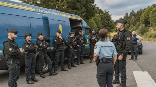 es gendarmes sont regroup&eacute;s sur une route de campagne, autour de leur chef, devant un v&eacute;hicule bleu de la gendarmerie.