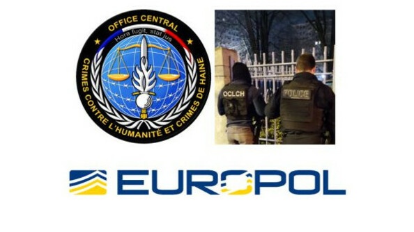 Logos d'Europol et de l'OCLCH avec une photo d'un gendarme de l'OCLCH et d'un policier, de dos.
