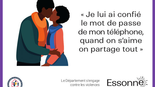 Carte de prévention contre les violences conjugales entre adolescents avec un dessin d'un couple s'embrassant et le slogan "Je lui ai confié le mot de passe de mon téléphone, quand on s'aime on partage tout".
