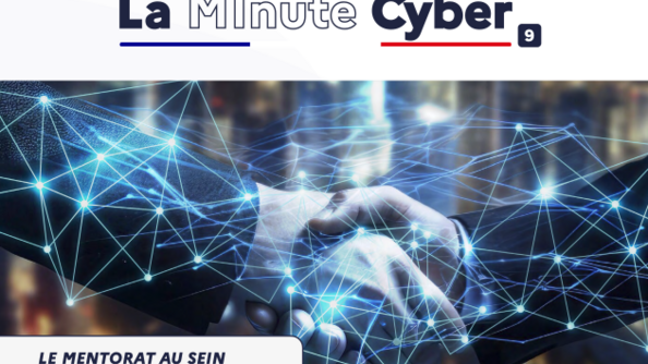Deux mains se serrent sous un dessin de réseau ou carte mentale blanche avec en bas à gauche la mention "le mentorat au sein du Comcyber-MI"