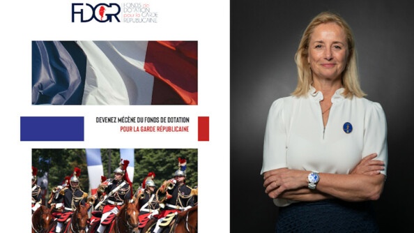 A gauche la présentation du Fonds de dotation pour la Garde républicaine avec de haut en bas : le logo, le drapeau français, une accroche "Devenez mécène du Fonds de dotation pour la garde républicaine" et une photo de cavaliers de la Garde. A droite : Ingrid Wallaert Kemoun, réserviste citoyenne et vice-présidente du Fonds de dotation pour la Garde républicaine.