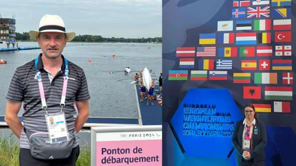 A gauche, l'adjudant Nicolas, devant le plan d'eau des Jeux Olympiques, à Vaires-sur-Marne. A droite l'adjudante-cheffe Aurélie aux championnats d'Europe d'haltérophilie de Sofia, en Bulgarie.