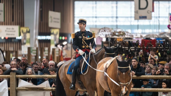 Un gendarme de la Garde Républicaine en démonstration; Dans le fond, on voit une foule de personnes le regardant.
