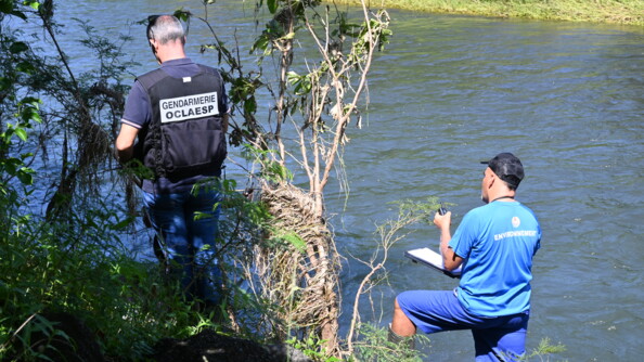 Enqu&ecirc;teur de l'OCLAESP et enqu&ecirc;teur environnement  de dos au bord d'un fleuve