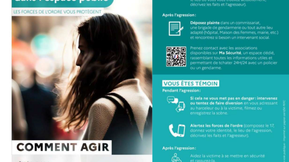 Flyer du ministère de l'Intérieur sur la sécurité des femmes dans l'espace public, présentant un portrait de femme et tous les conseils à suivre lors d'une agression, qui sont listés dans l'article.