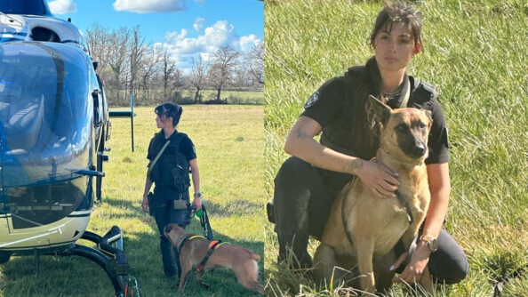 Gendarme d'une &eacute;quipe cynophile (&agrave; gauche avec son chien &agrave; c&ocirc;t&eacute; d'un h&eacute;licopt&egrave;re, &agrave; droite avec son chien)