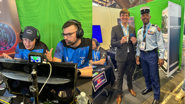 A gauche deux gendarmes gamers. A droite le colonel Phillipe-Alexandre Assou, commandant la gendarmerie de la Vienne, et le député du département Sacha Houlié.