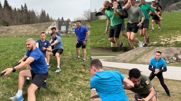 Trois photos montrant des éprives de sport et de cohésion.