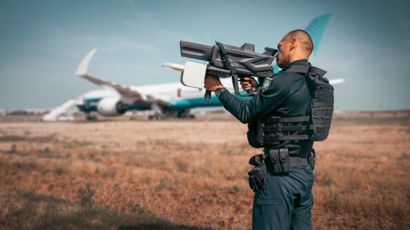 Devant un avion blanc et bleu ciel, un gendarme, de profil, prend la visée avec un moyen de brouillage