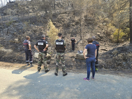 Les gendarmes du CESAN, des enqu&ecirc;teurs et les pompiers m&egrave;nent des investigations sur une zone calcin&eacute;e
