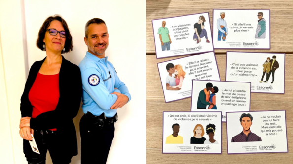 Photo sur la gauche du major De Giacomo, ainsi que l'écrivaine Marie Gervais. Sur la droite, les sept cartes posées sur une table.